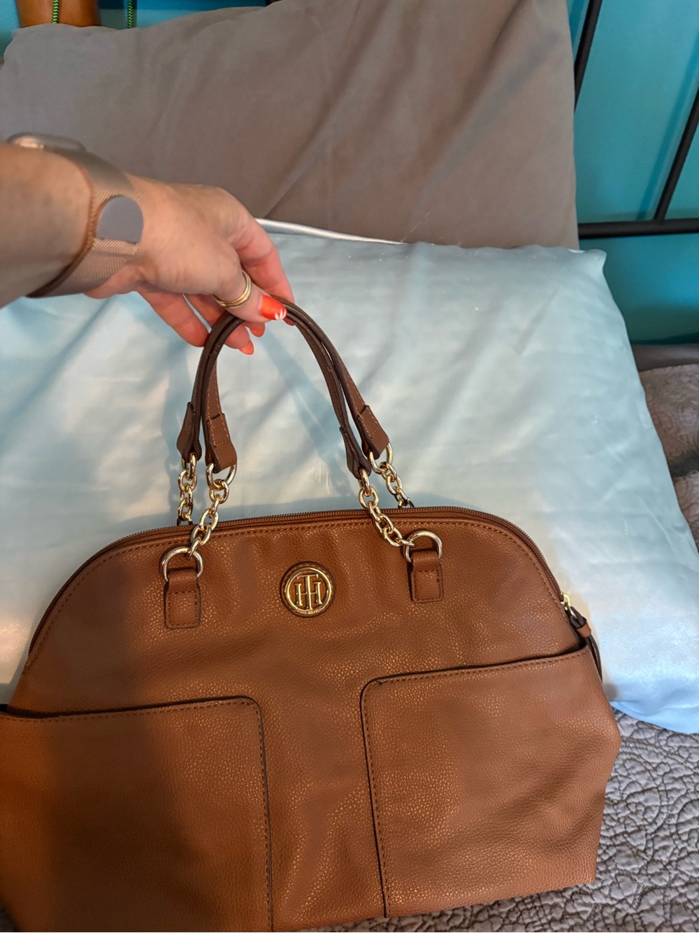Tommy Hilfiger Tan Brown Pebble Leather Satchel with Gold Hardware
